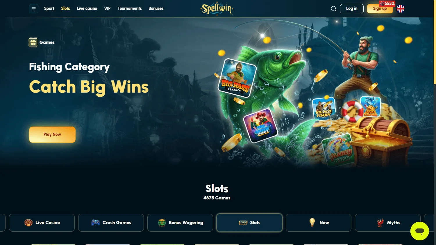 Spellwin Casino desktop games area with slots, table games and live casino choices