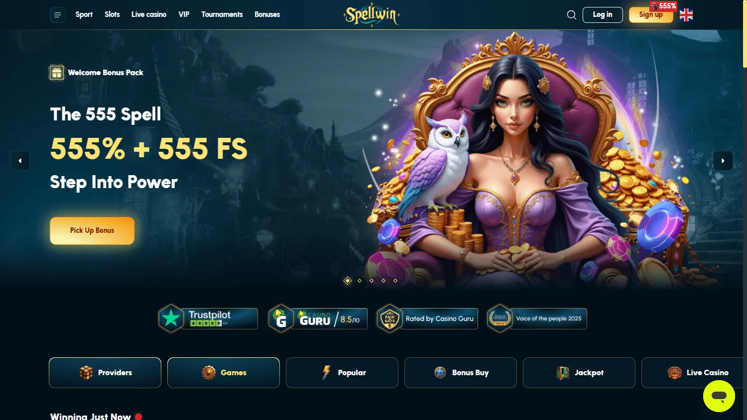 Spellwin Casino desktop home experience with the welcome package available to Australian players