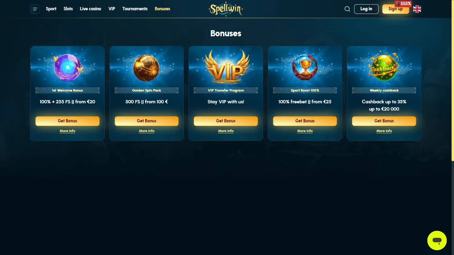 Spellwin Casino desktop promotions area with VIP, cashback and coin-based rewards