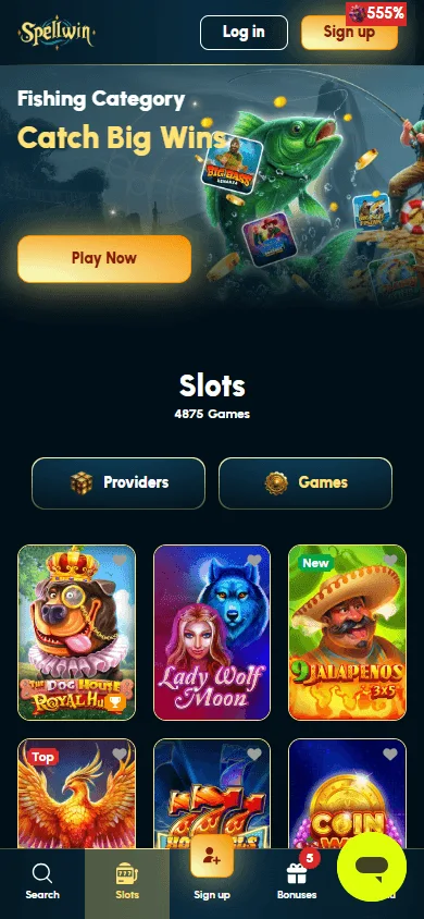 Spellwin Casino mobile-browser games area with slots, live casino and betting options