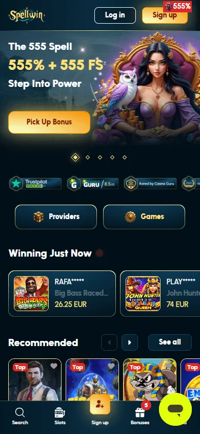 Spellwin Casino mobile-browser home experience with access to games and account tools