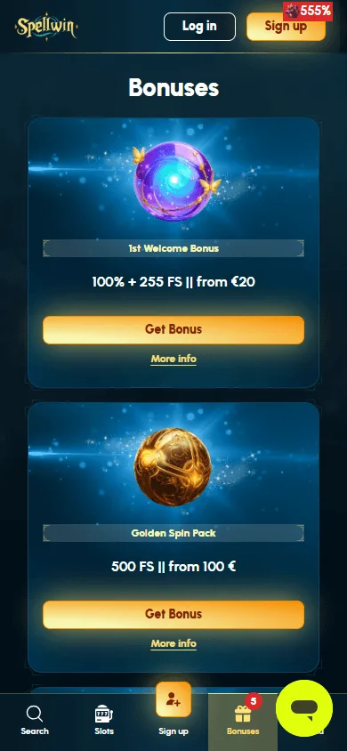 Spellwin Casino mobile-browser promotions area with free spins and loyalty rewards